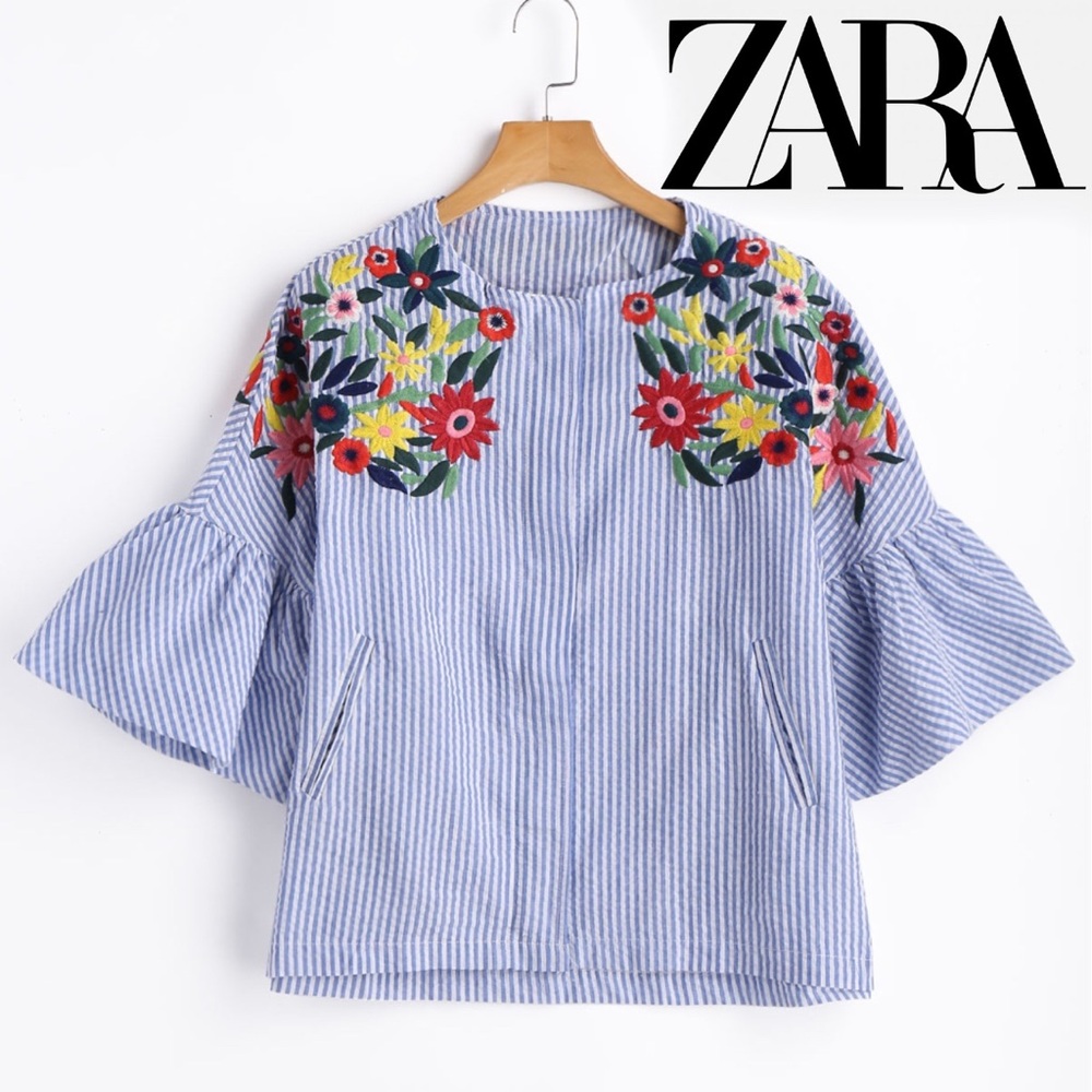 Zara Basic stripes Seersucker embroidered floral